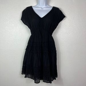 Just Funky V-neck Black Cotton Crochet Tiered Dress small
